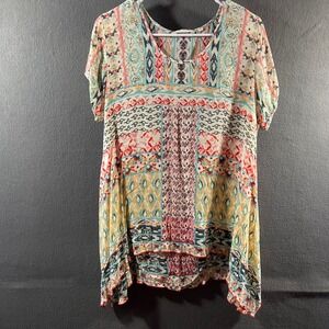 Soft Surroundings tunic top xl Blouse Cupro Relaxed Geometric Print Boho flowy